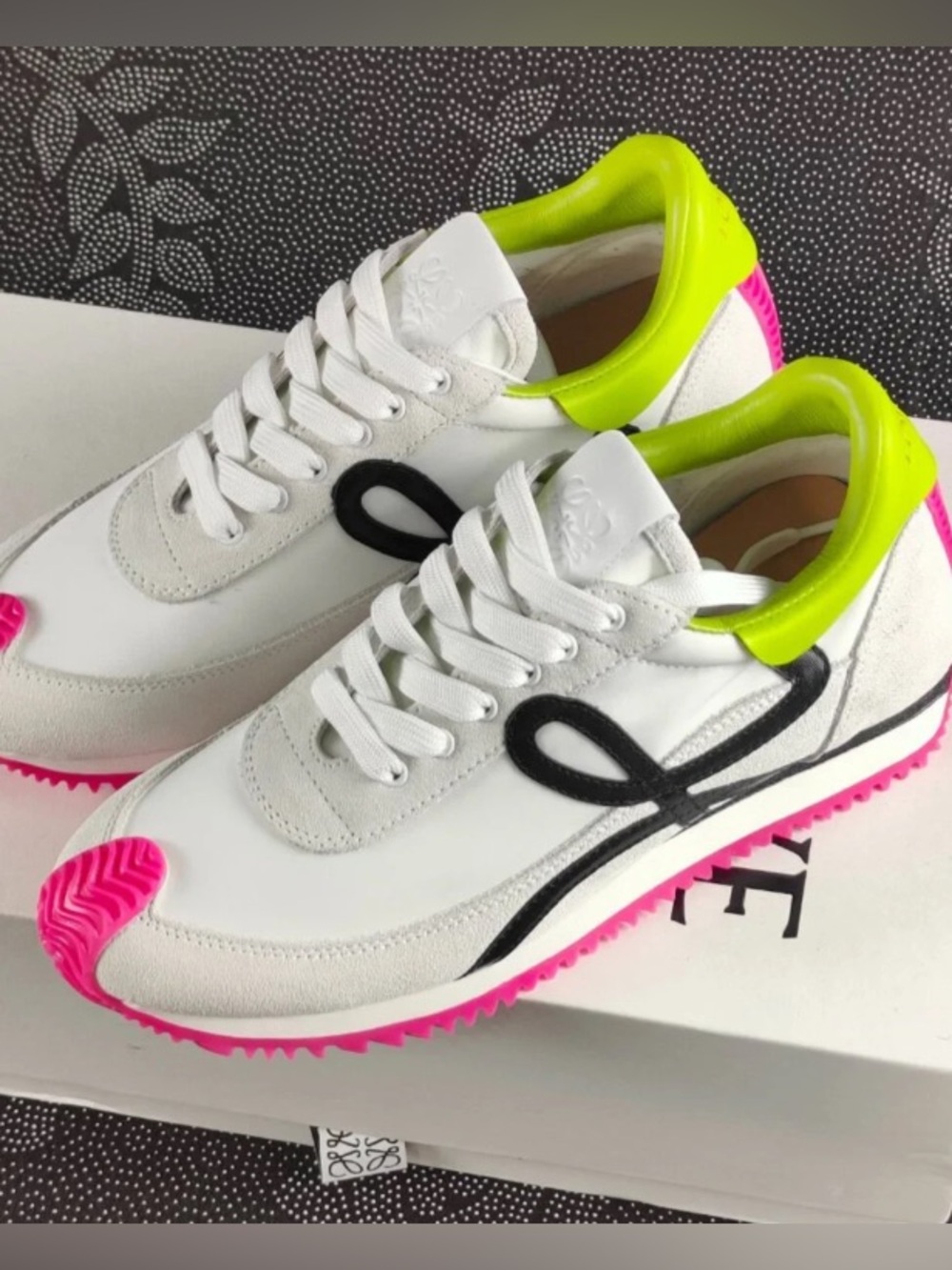 Loewe White Sneakers with Neon Yellow Collar & Hot Pink Sole